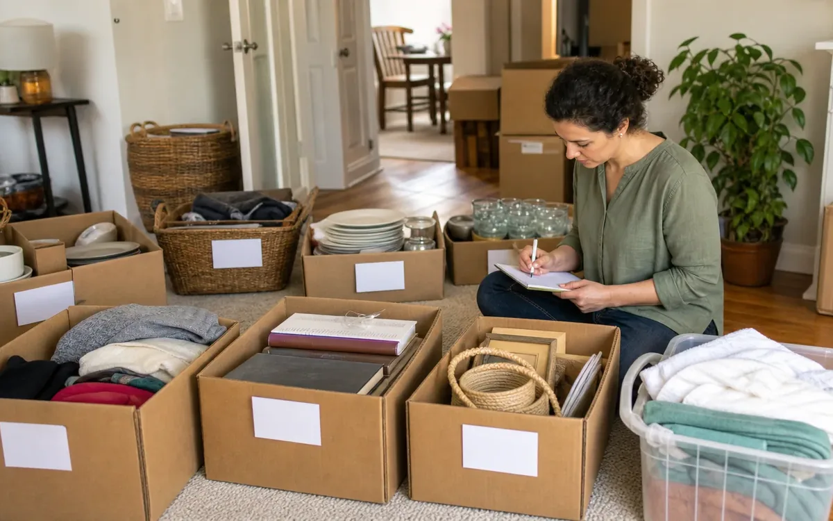 Labeled household belongings and a clear room path for build a box numbering and inventory system