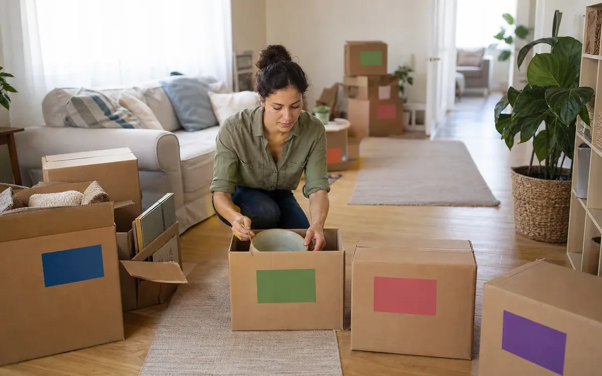 Labeled household belongings and a clear room path for where should labels be placed on each box?
