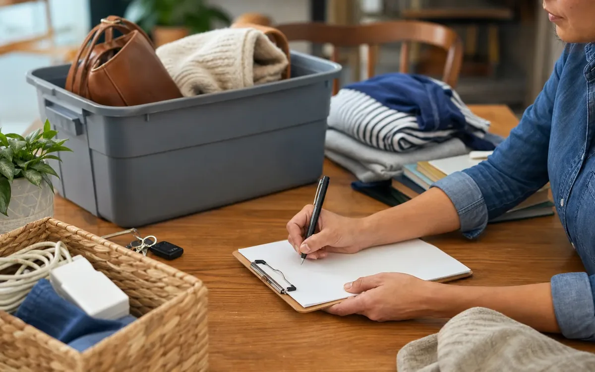 Hands organizing household items while planning what should go on the showing day reset checklist?