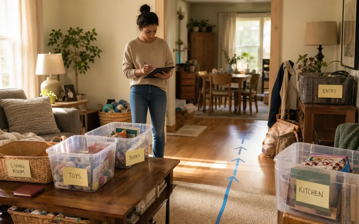 Labeled household belongings and a clear room path for how do you assign tasks without disrupting daily life?