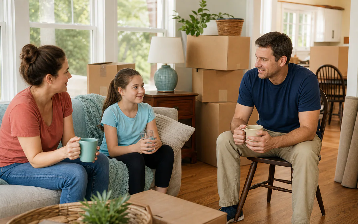 Labeled moving boxes beside a household checklist for a Charleston, SC guide answering "How to make moving day less stressful"