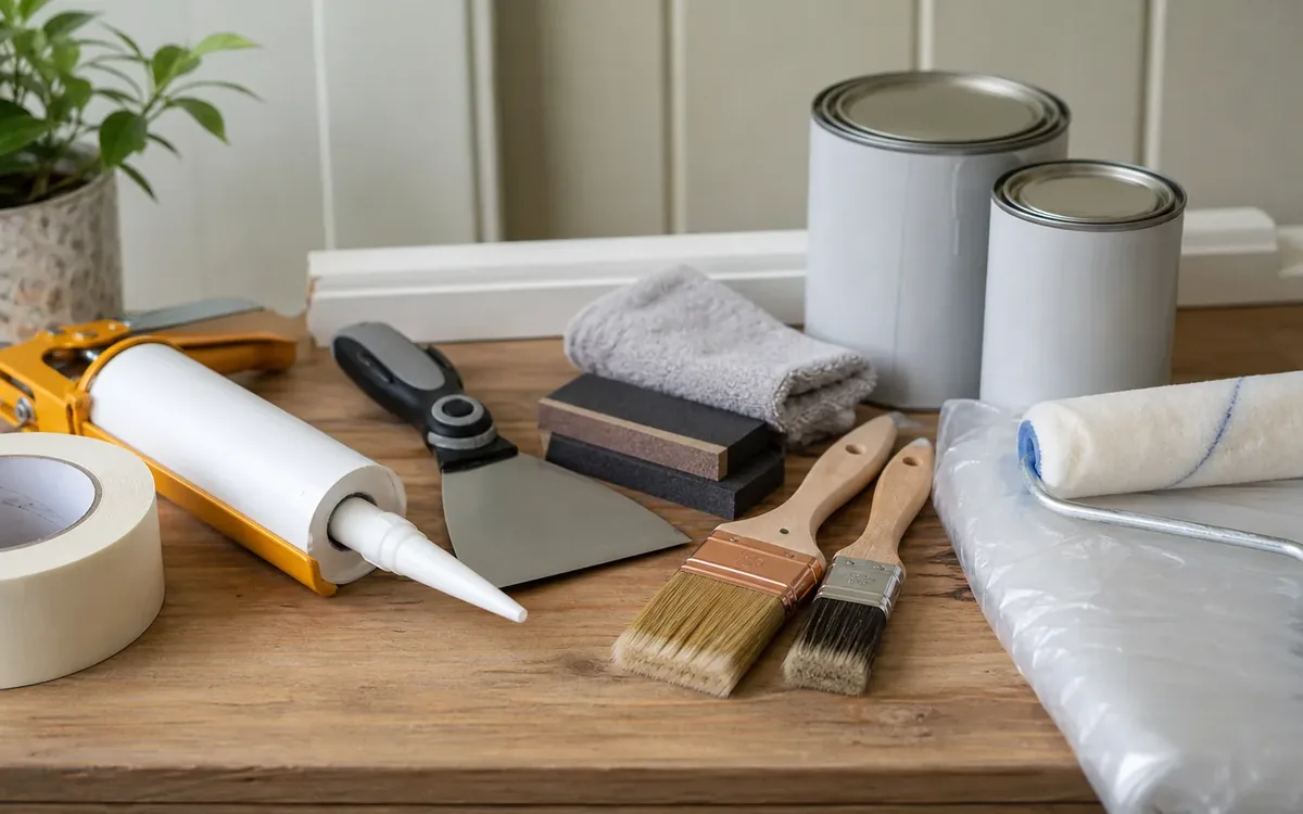 Paint cans, brushes, a roller tray, masking tape, caulk gun, sanding block, and cloth arranged on a wooden work surface.