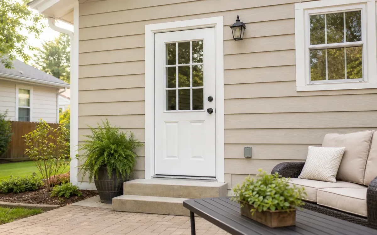 White exterior door with a dark knob and deadbolt beside concrete steps, a potted fern, and cushioned patio seating.