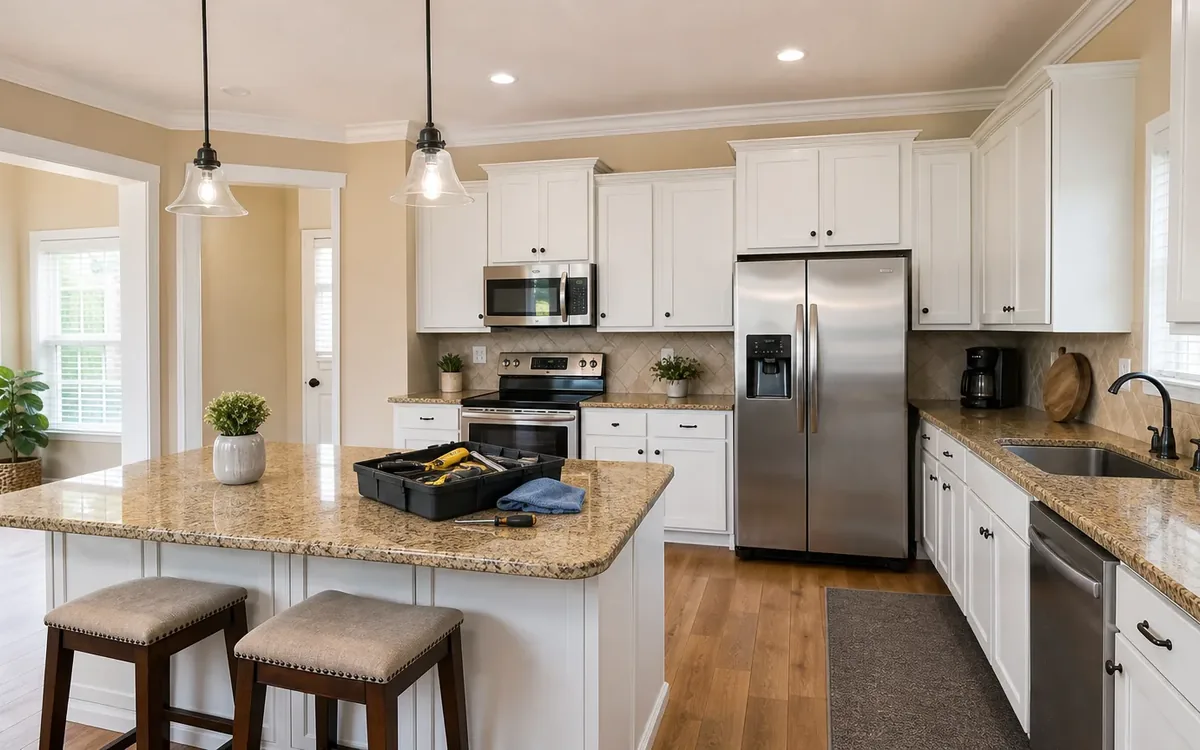 Bright kitchen with white cabinets, granite counters, stainless steel appliances, and an open tool kit on the island.