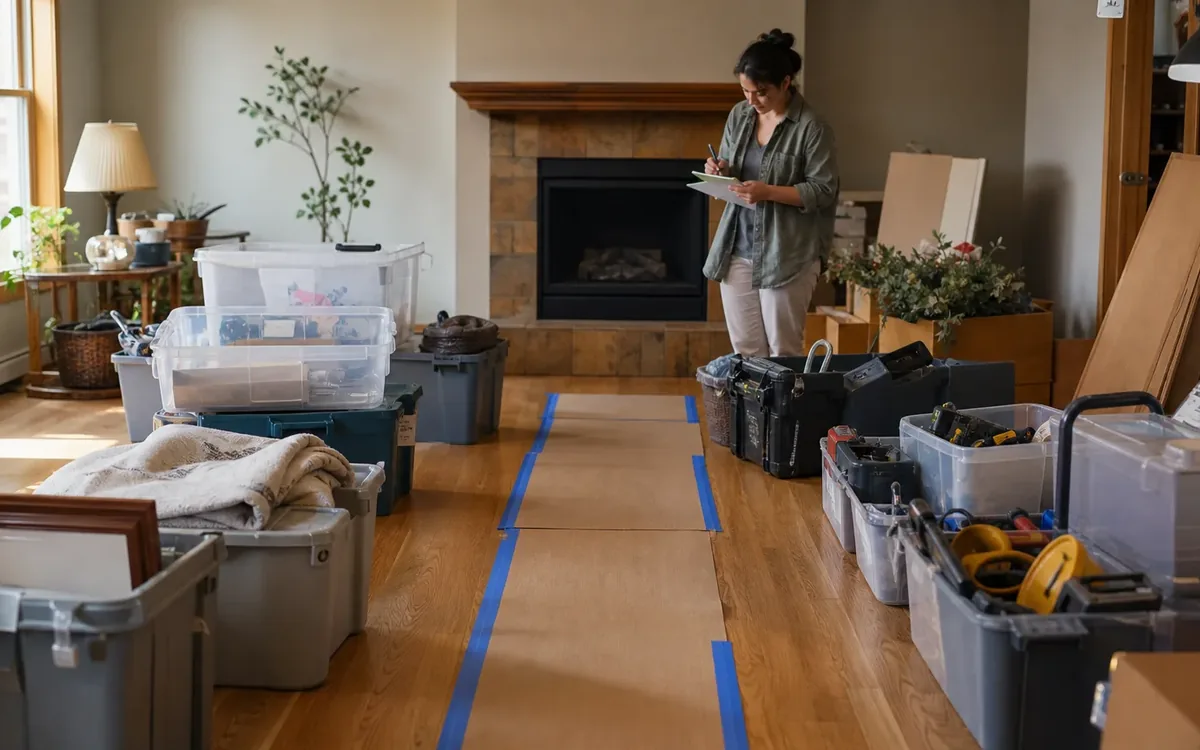 Labeled household belongings and a clear room path for separate cleanup from repairs and official compliance