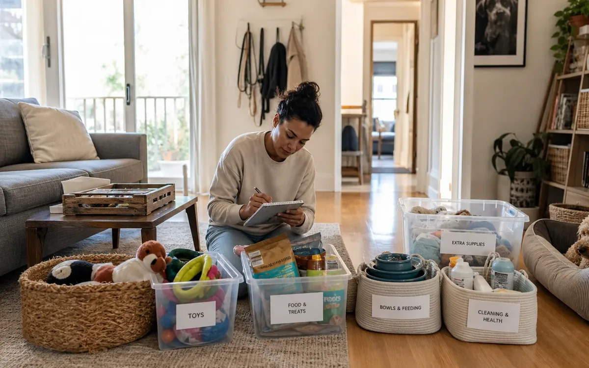 Labeled household belongings and a clear room path for sort excess supplies without disrupting pet care