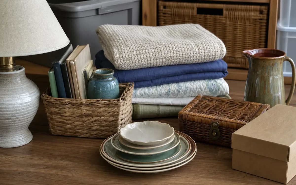 Folded blankets, stacked dishes, a lamp, baskets, books, a ceramic pitcher and a lidded cardboard box arranged on a wooden table.
