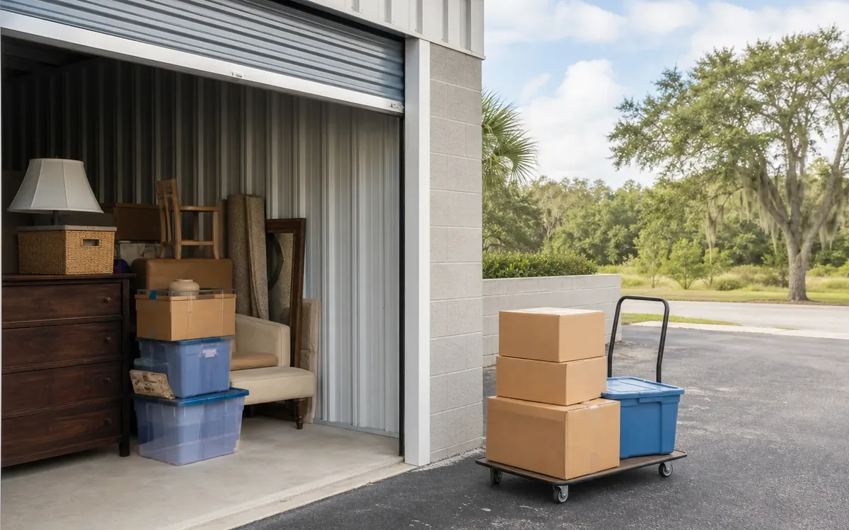 An open storage unit holds furniture and stacked boxes, with more cardboard boxes and a blue bin on a hand truck outside.