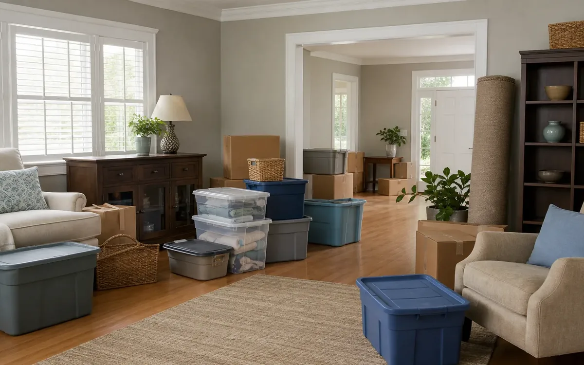Cardboard boxes and lidded storage bins sit among living room furniture, with a rolled rug and more boxes in the adjoining room.