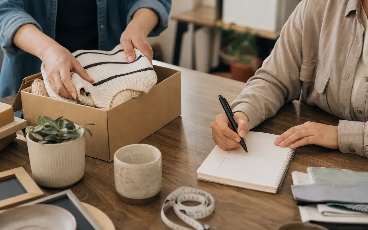 Hands organizing household items while planning what furniture dimensions should you record?