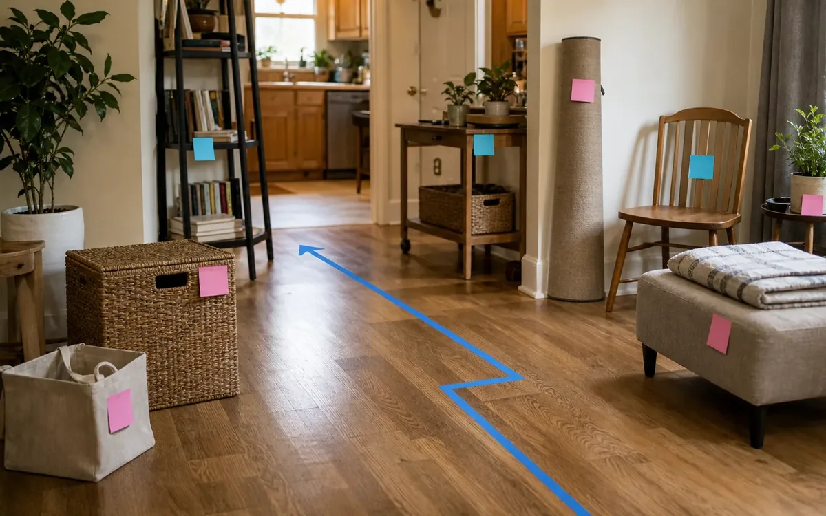 Labeled household belongings and a clear room path for how can you check whether a piece will turn a corner?