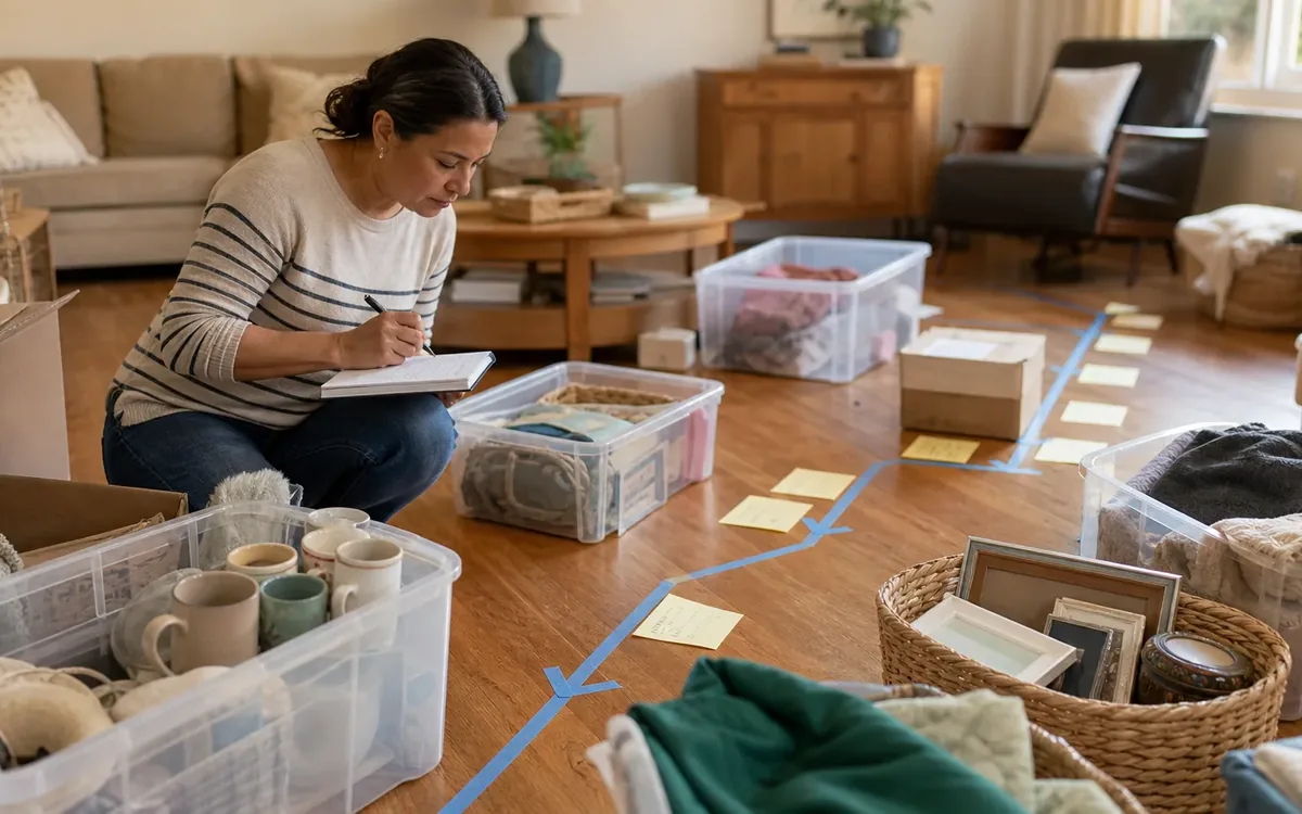 Labeled household belongings and a clear room path for build one plan around decisions, not personalities
