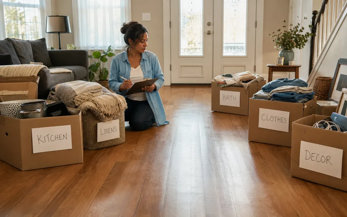 Labeled household belongings and a clear room path for what should happen before items are loaded?