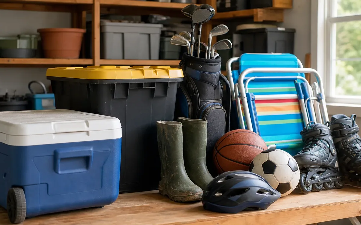 Garage storage with a cooler, lidded bins, golf clubs, rubber boots, folding beach chairs, sports balls, helmet and inline skates.