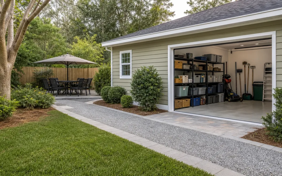 Open garage with storage bins on shelves, tools along the back wall, and a clear floor beside a landscaped patio.