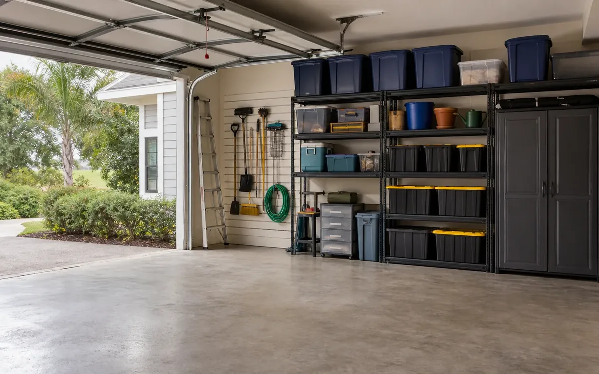 Tidy garage with storage bins on metal shelves, wall-mounted yard tools, a tall cabinet, and a clear concrete floor.