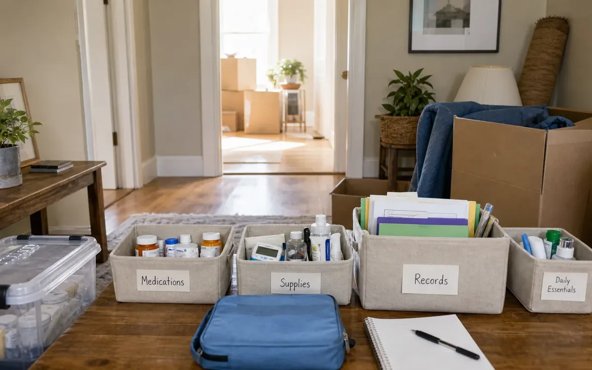 Labeled household belongings and a clear room path for what belongs in the active-care kit?