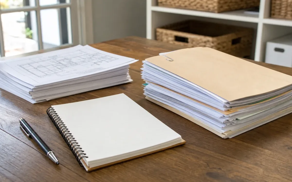 A thick stack of papers in a tan folder sits beside floor plans, a blank spiral notebook, and a pen on a wooden table.