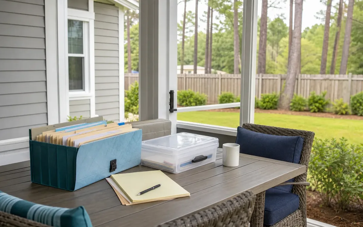 File folders, a clear document box, a notepad and pen sit on a porch table beside a white mug and wicker chairs.