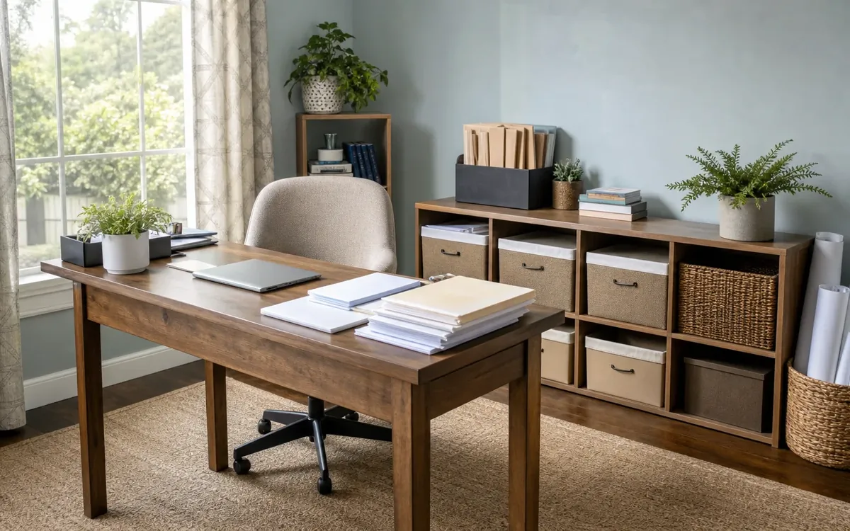 Stacks of paperwork, a closed laptop, and a pen sit on a wooden desk beside shelves with folders, storage bins, and plants.