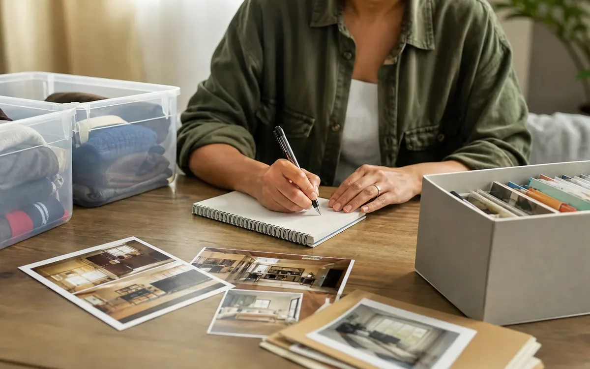 Hands organizing household items while planning how should photos be organized so they are easy to understand?