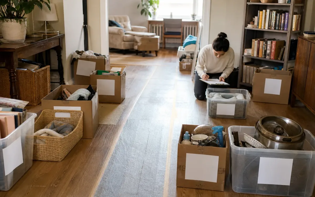 Labeled household belongings and a clear room path for how do you connect each photo to the notice?