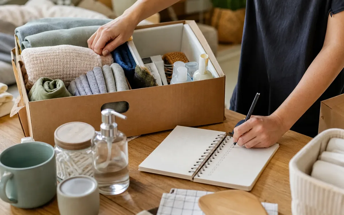 Hands organizing household items while planning what should go in the first-night essentials box?