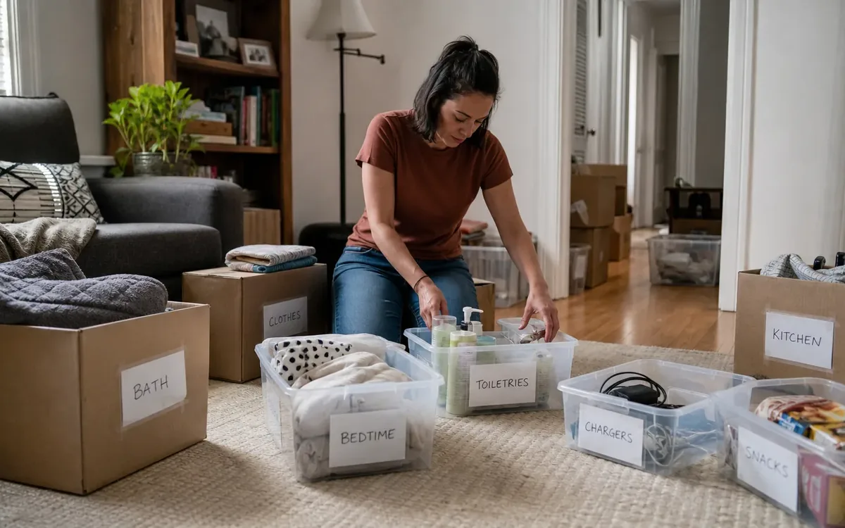 Labeled household belongings and a clear room path for how do you keep the essentials box from becoming too large?
