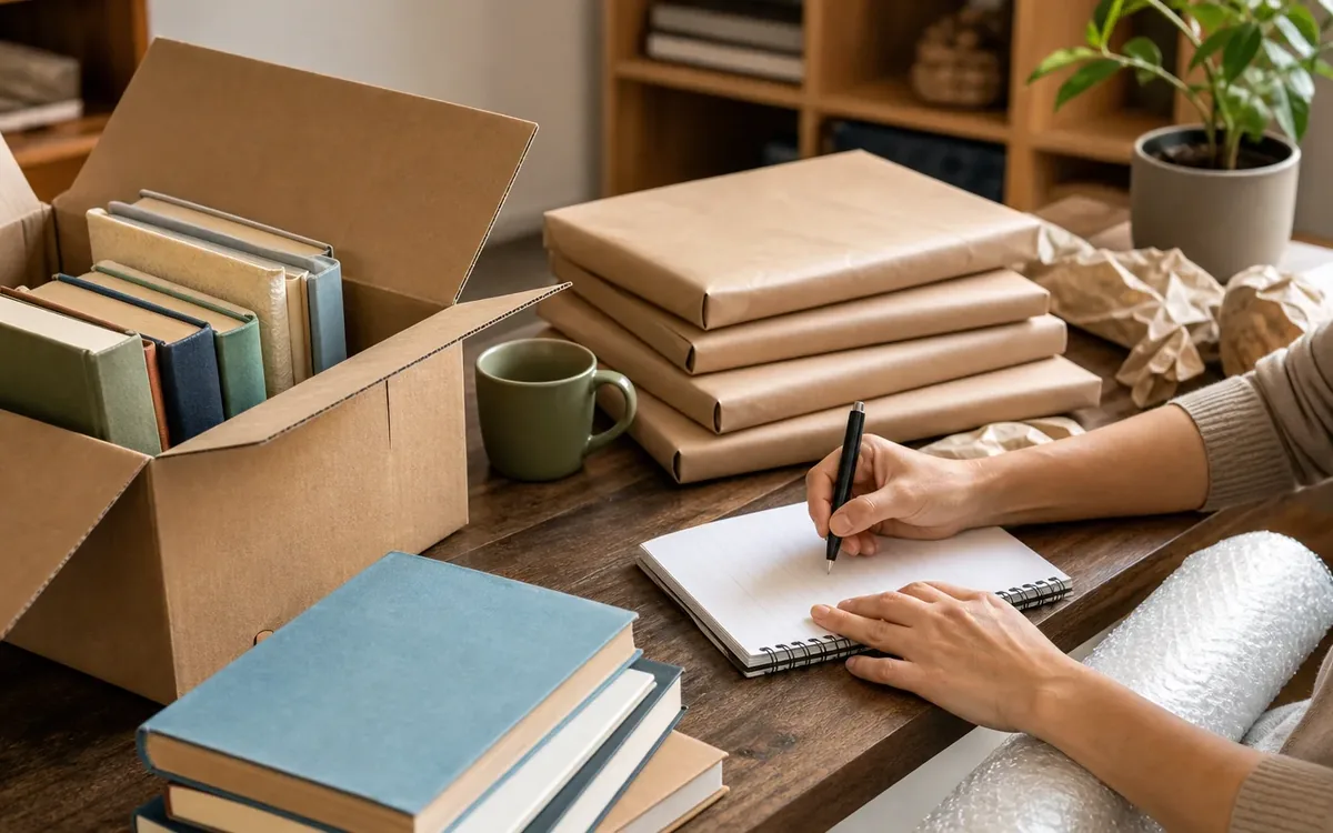 Hands organizing household items while planning how should books be prepared before long-term storage?
