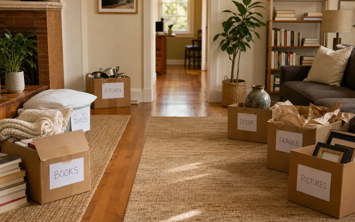 Labeled household belongings and a clear room path for should books be packed flat or upright?
