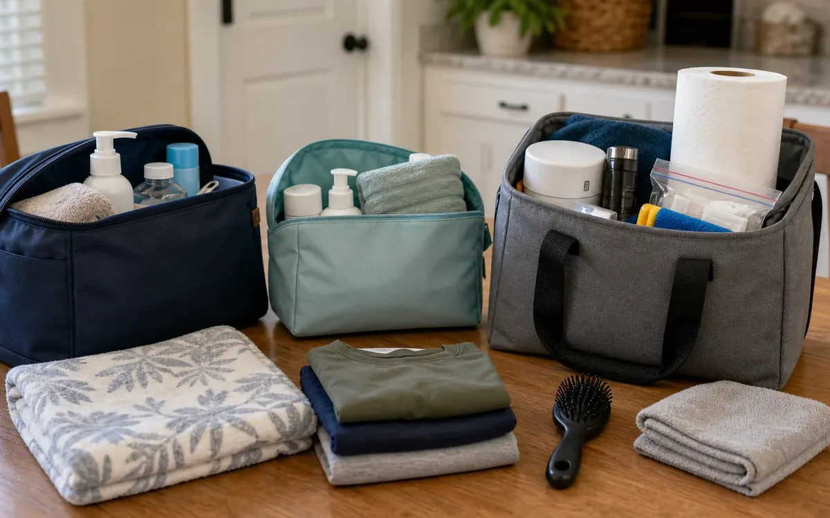Three open bags hold toiletries and shared supplies on a wooden table beside folded clothes, towels, and a hairbrush.