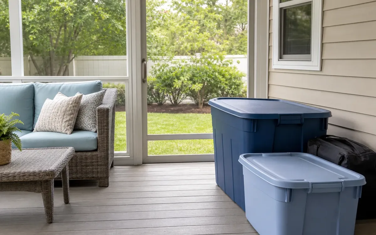 Two lidded plastic storage bins and a black bag sit beside house siding on a screened porch with wicker seating.