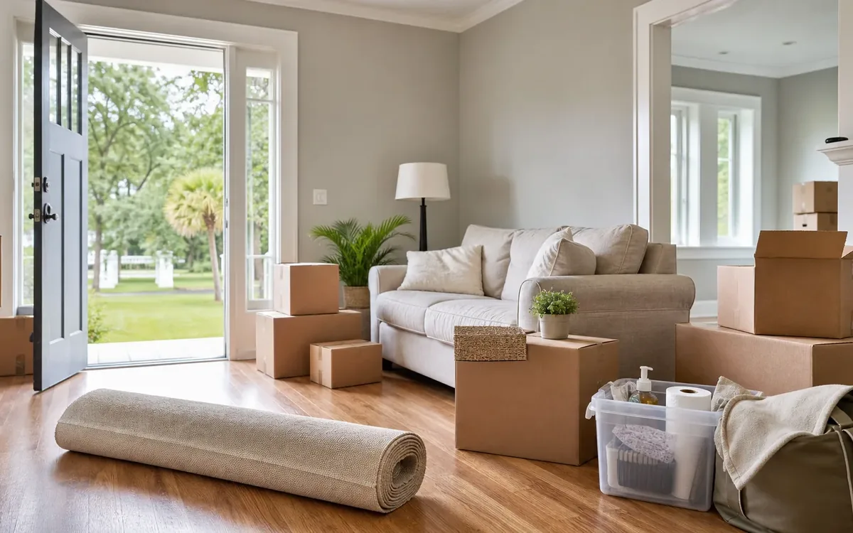Moving boxes, a rolled rug, a clear bin of household supplies, and a duffel bag sit beside a sofa near an open front door.