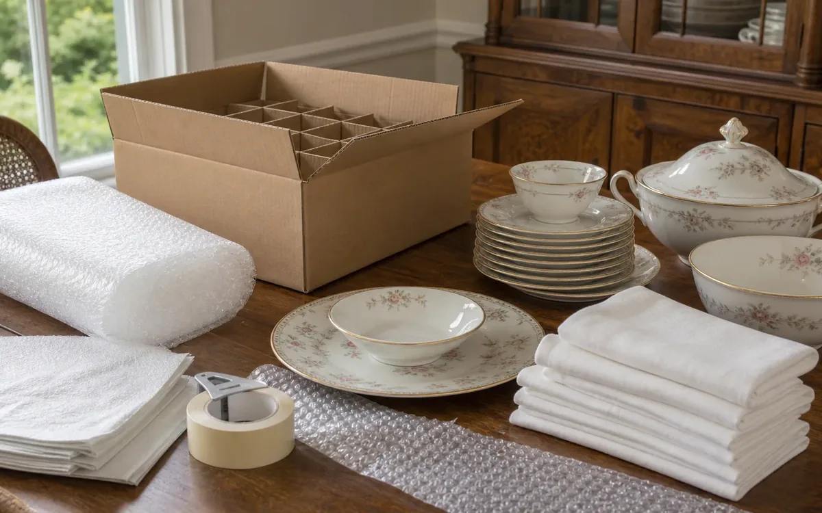 Floral china, an open divided box, bubble wrap, tape, foam, and folded cloths arranged on a dining table.