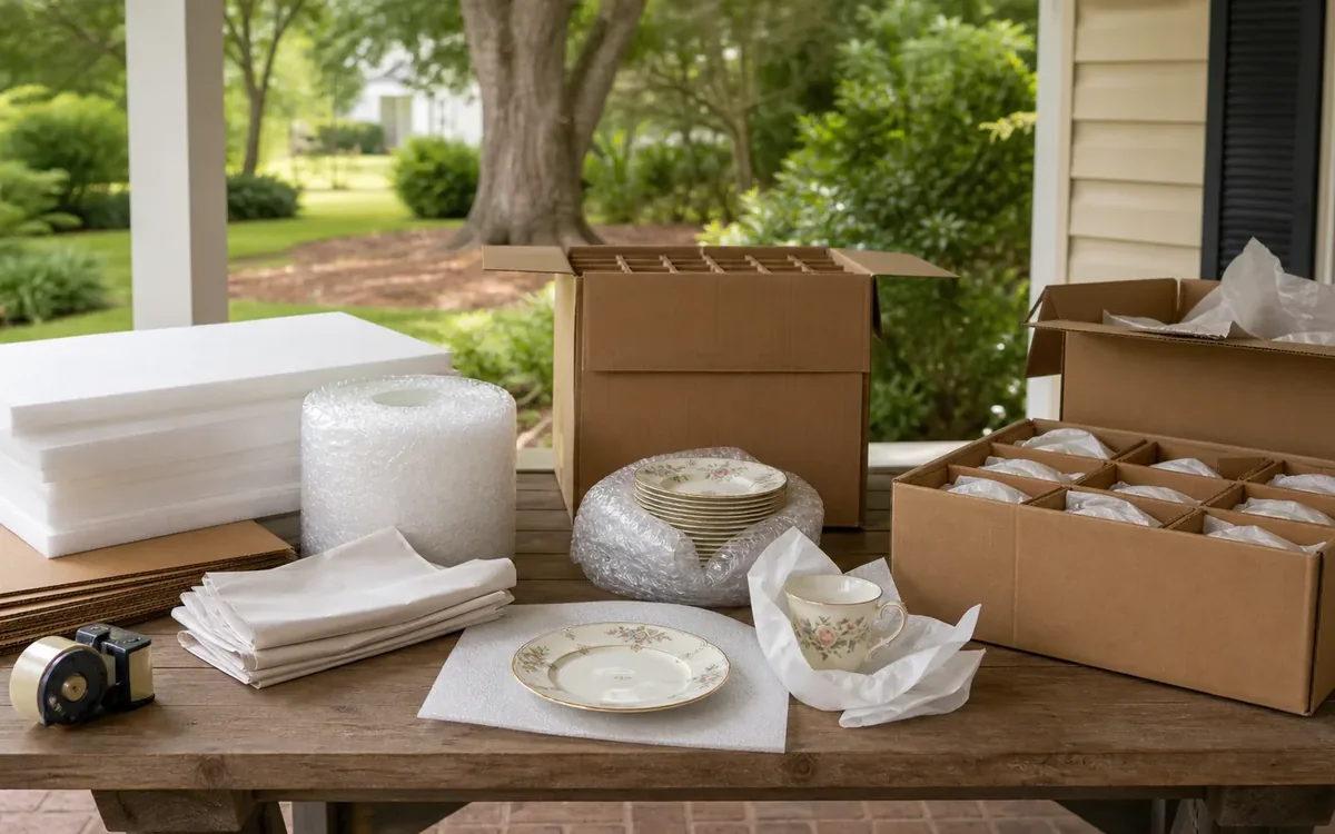 China plates and a teacup sit with boxes, foam sheets, bubble wrap, packing paper, and cardboard dividers.