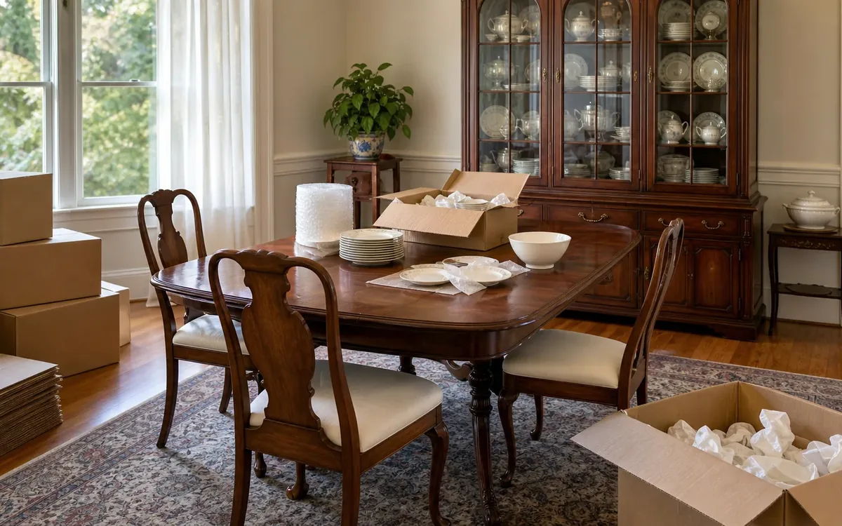Dining room with heirloom china, open boxes, packing paper, and dishes arranged for an estate move.