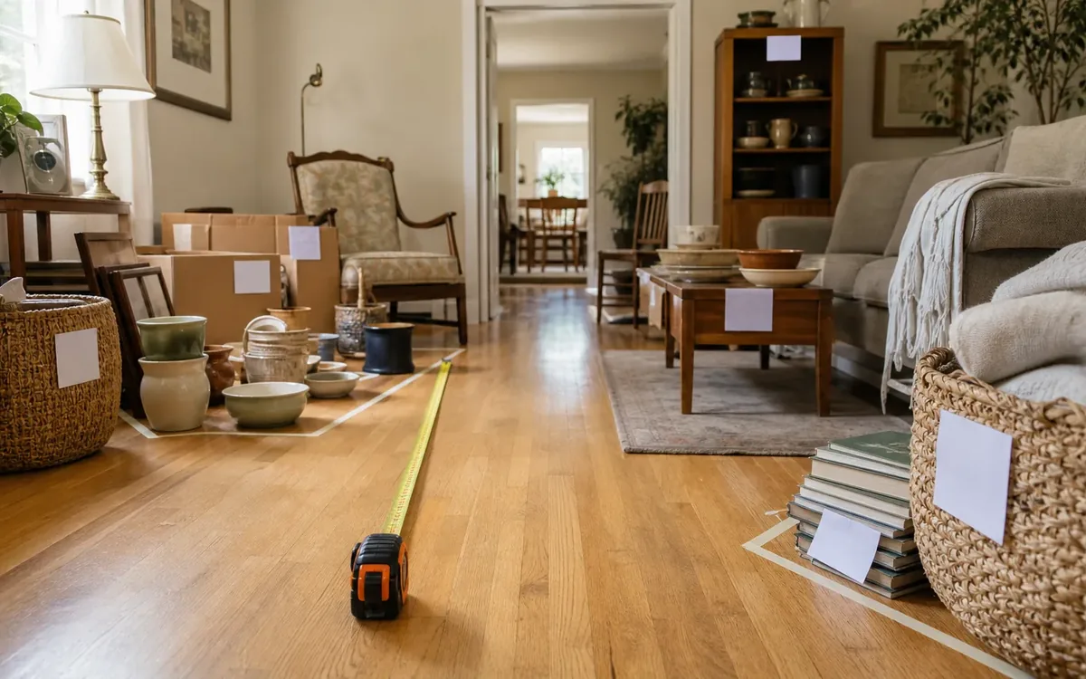 Labeled household belongings and a clear room path for how should the tape measure appear in each photo?