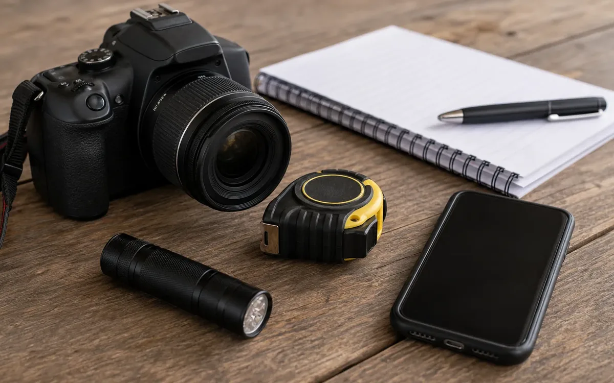 A camera, tape measure, flashlight, smartphone, and lined notebook with a pen sit on a wooden table, ready for property documentation.