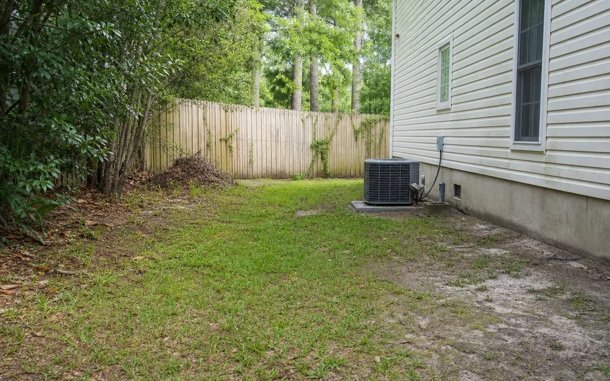 Side yard with patchy grass, bare soil, an outdoor air-conditioning unit, white house siding, and a wooden fence.