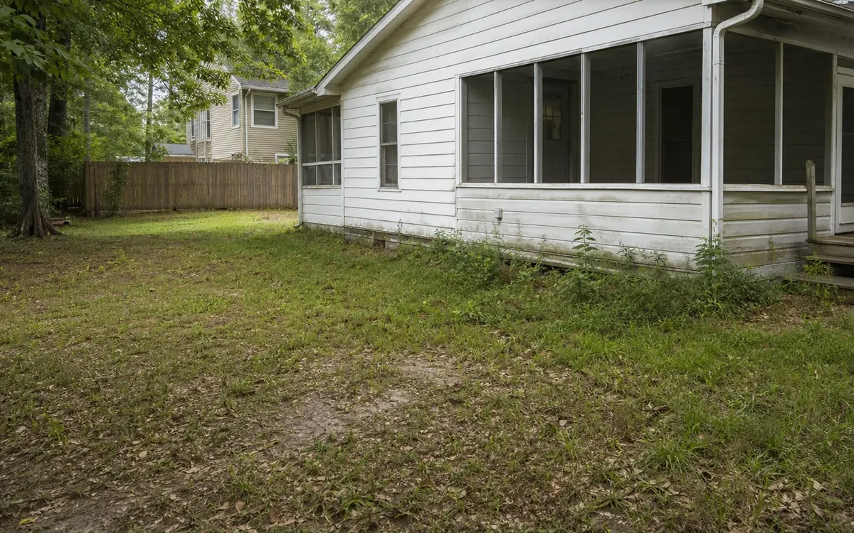 White house with a screened porch, weeds along the foundation, and a patchy lawn bordered by trees and a wooden fence.