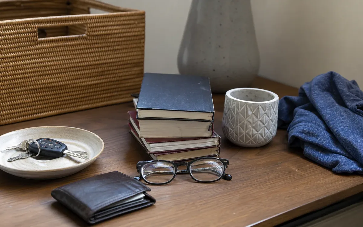 Keys on a white dish, a wallet, glasses, stacked books, a mug, a wicker basket and blue clothing sit on a wooden table.