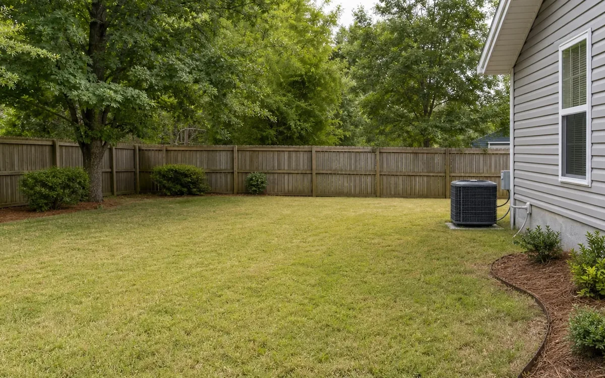 A mowed backyard beside a gray-sided house has an outdoor air conditioning unit, a wooden fence, and mulched planting beds.