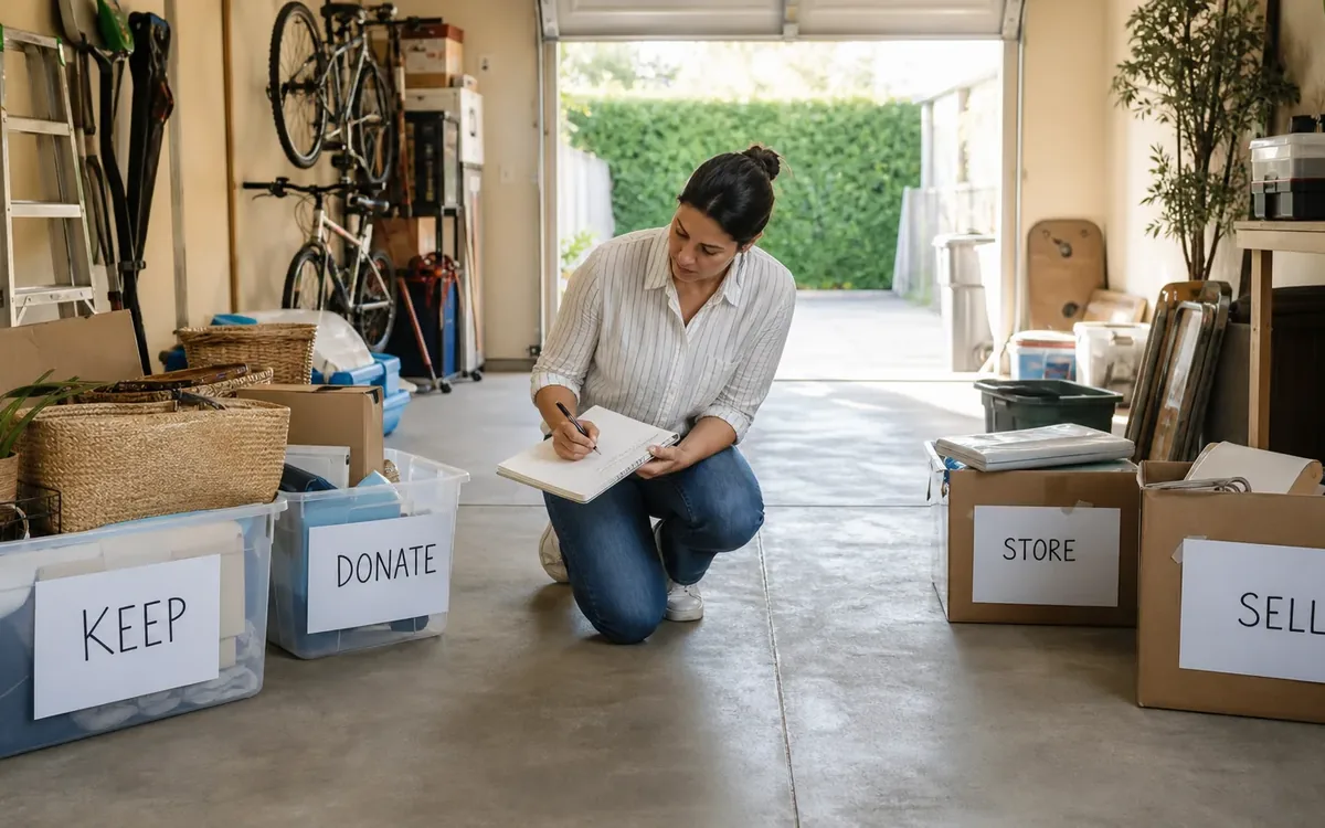 Labeled household belongings and a clear room path for what should leave first?
