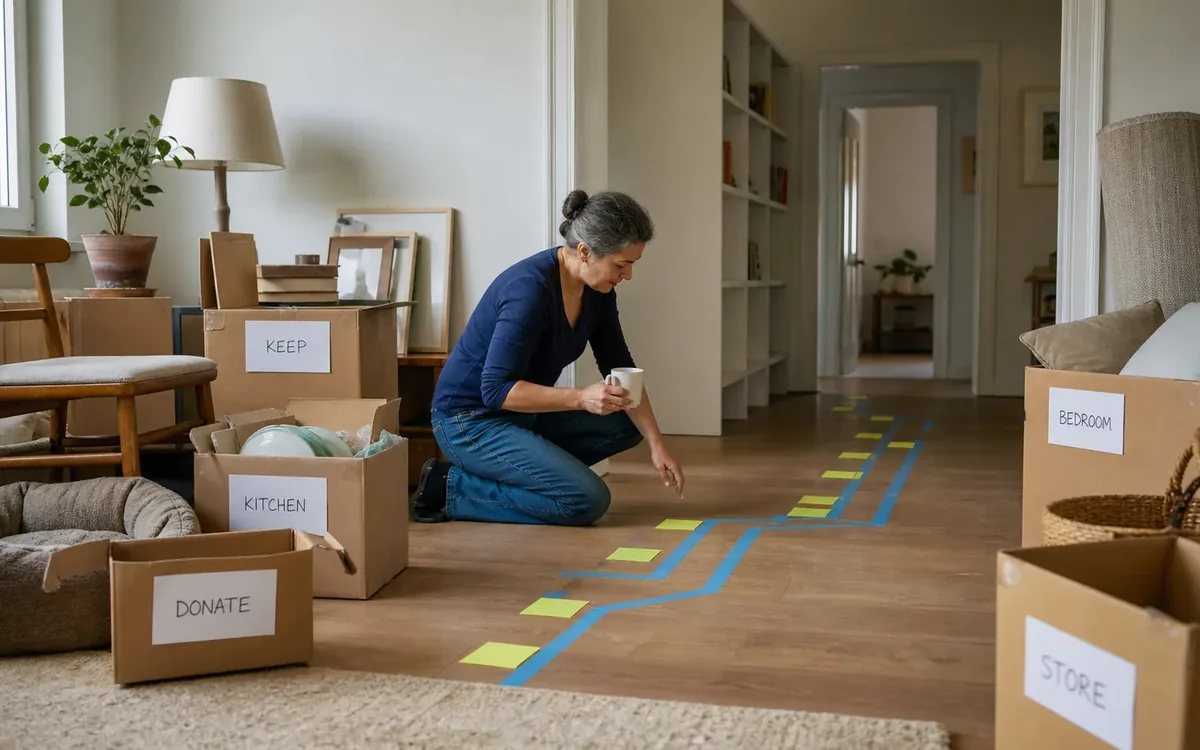 Labeled household belongings and a clear room path for how do you choose furniture for a smaller home?