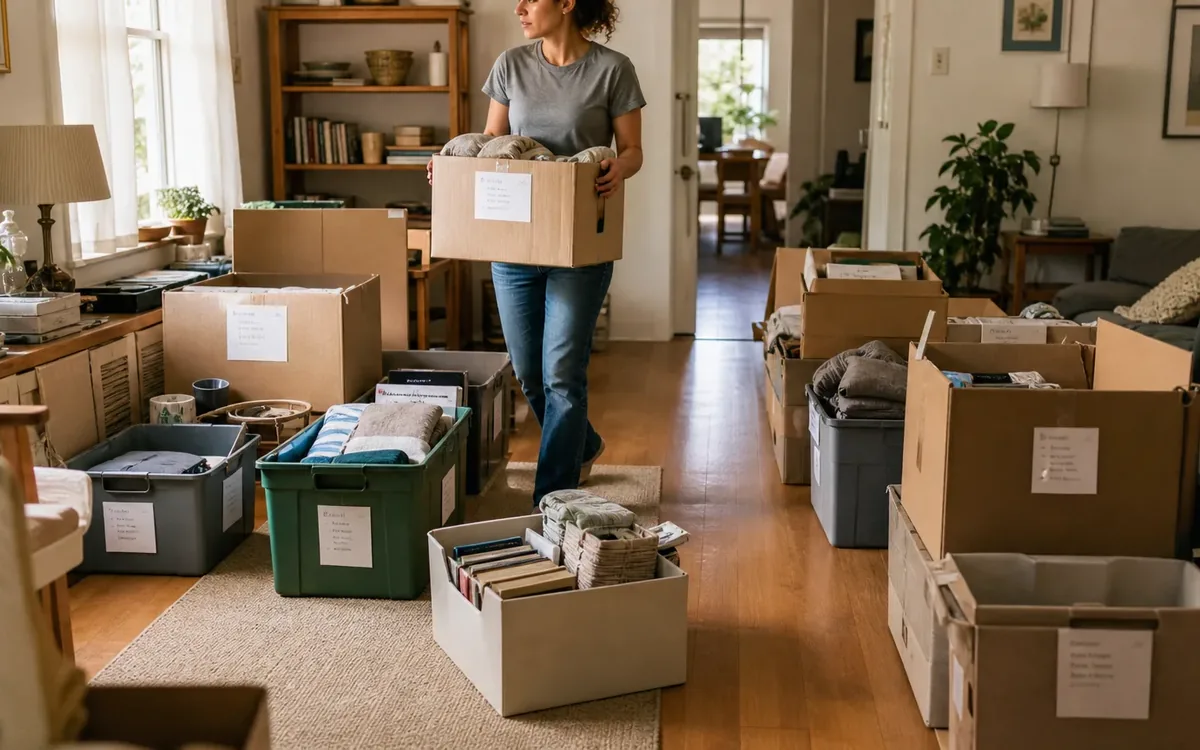 Labeled household belongings and a clear room path for use destination-based sorting, not room-based packing