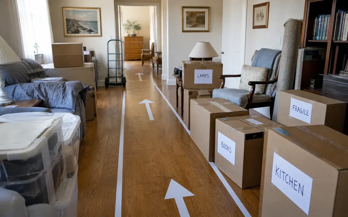 Labeled household belongings and a clear room path for what should move when elevator capacity is scarce?