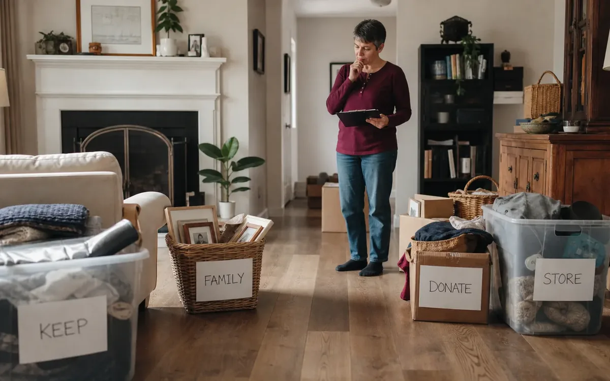 Labeled household belongings and a clear room path for separate cleanout choices from professional decisions