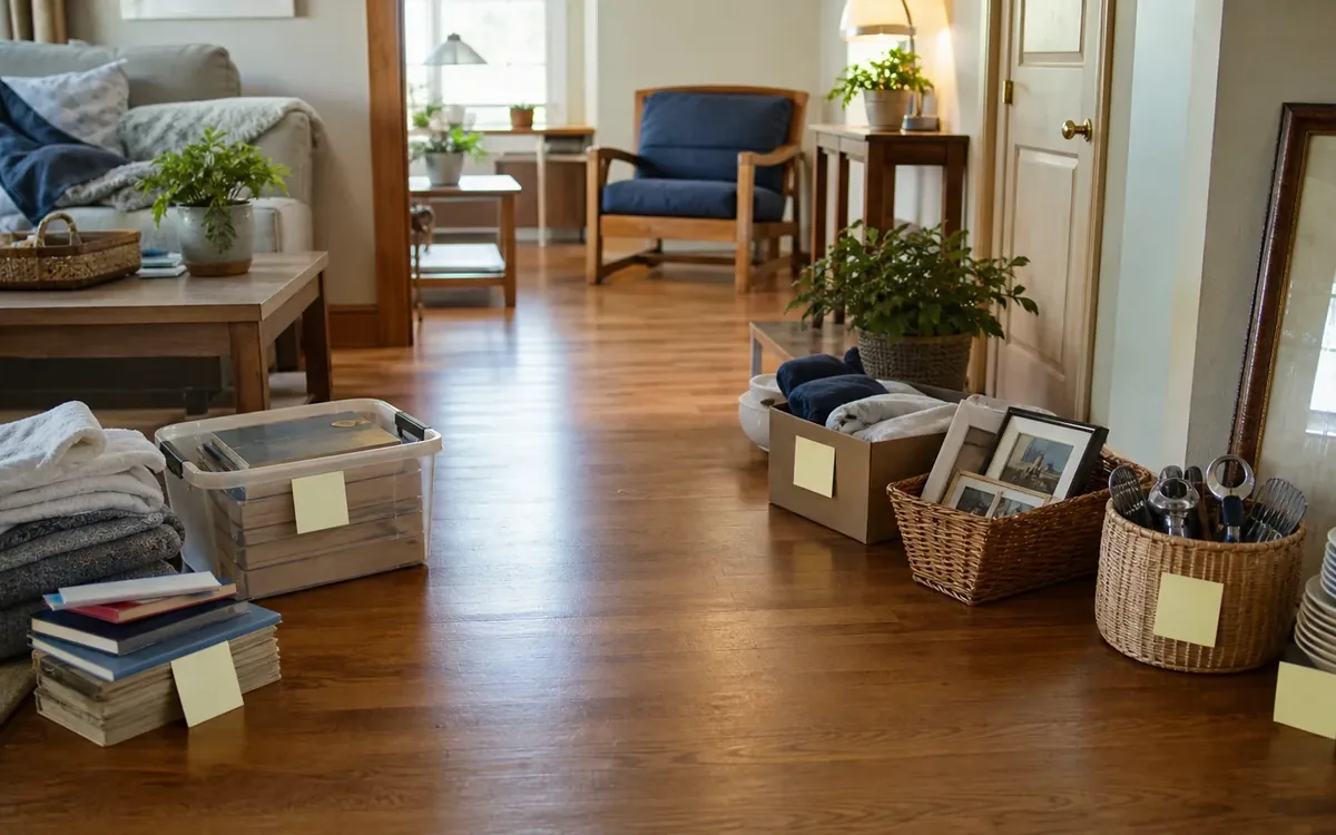 Labeled household belongings and a clear room path for what should be protected before sorting starts?