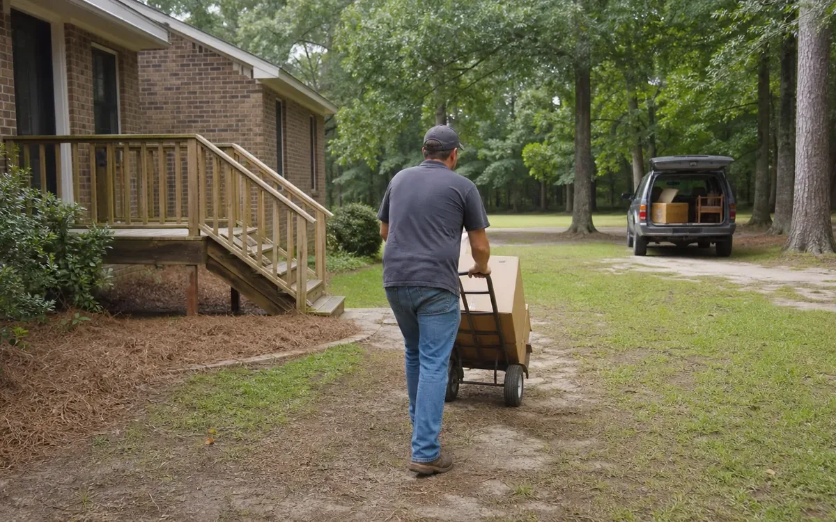 Household items arranged for the next step in plan vehicle access and loading without crossing the system