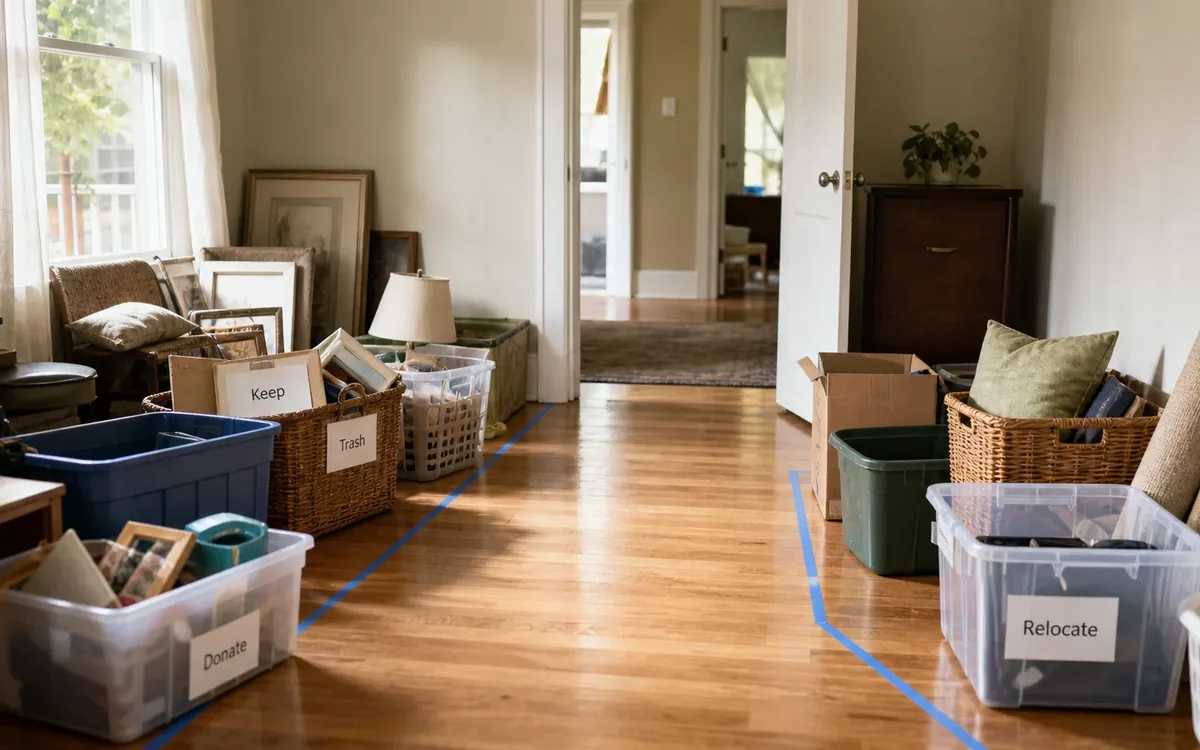Labeled household belongings and a clear room path for separate removal from repair and compliance work